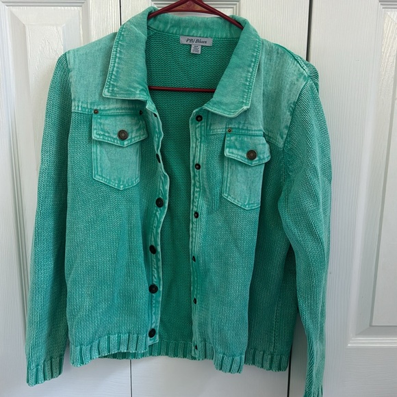 PBJ Blues Acid Washed Turquoise Denim Trim Sweater Jacket - Picture 2 of 3